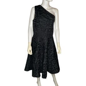 St. John Black One Shoulder Embossed Silk Blend Midi Dress sz 14